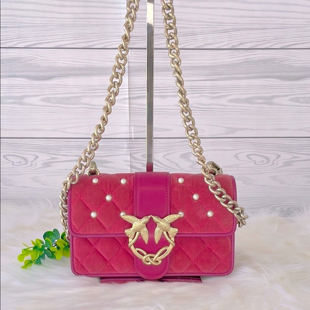 Pinko Quilted Velvet & Leather Love Bag with‎ Chain Strap